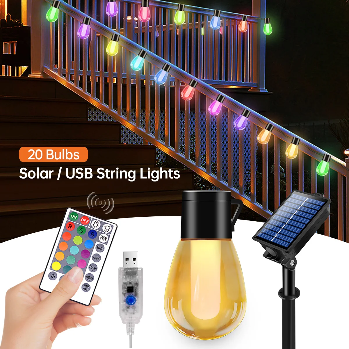 Solar Outdoor String Lights USB Charge Waterproof S14 Edison Led Bulbs Shatterproof Solar Hanging Light With 8/35 Modes Remote