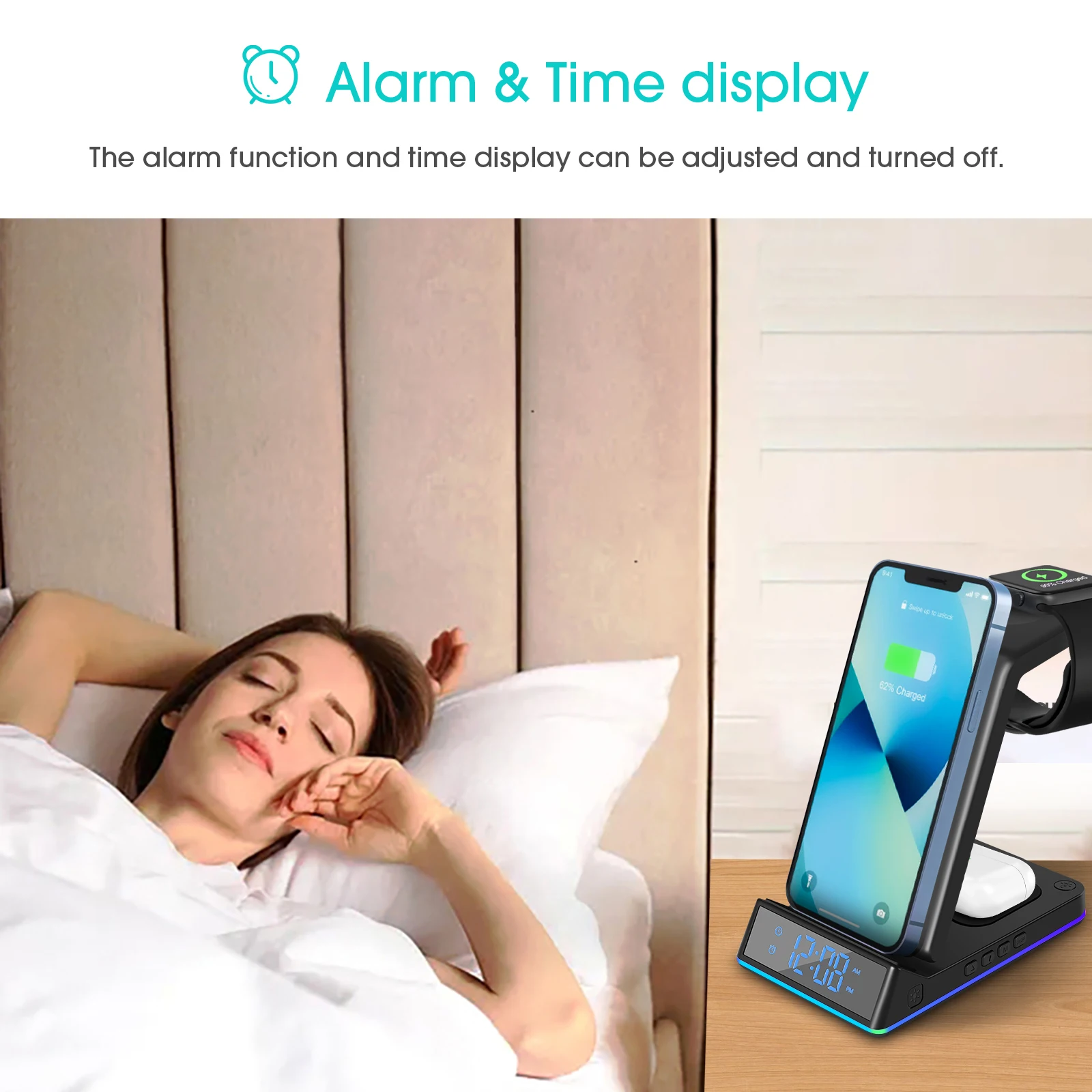 3 in 1 Wireless  Charging Station Fast Charger Stand with Alarm Clock and Night Light For iPhone 14/13/12/11 iWatch AirPods