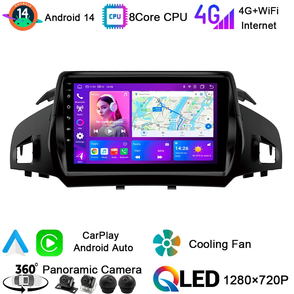 BT5.0 CIS Android 14 GPS-навигатор Автомобильный мультимедийный плеер DAB 4G SIM DSP Авто радио CarPlay для Ford Kuga C-Max Escape 2013-2018