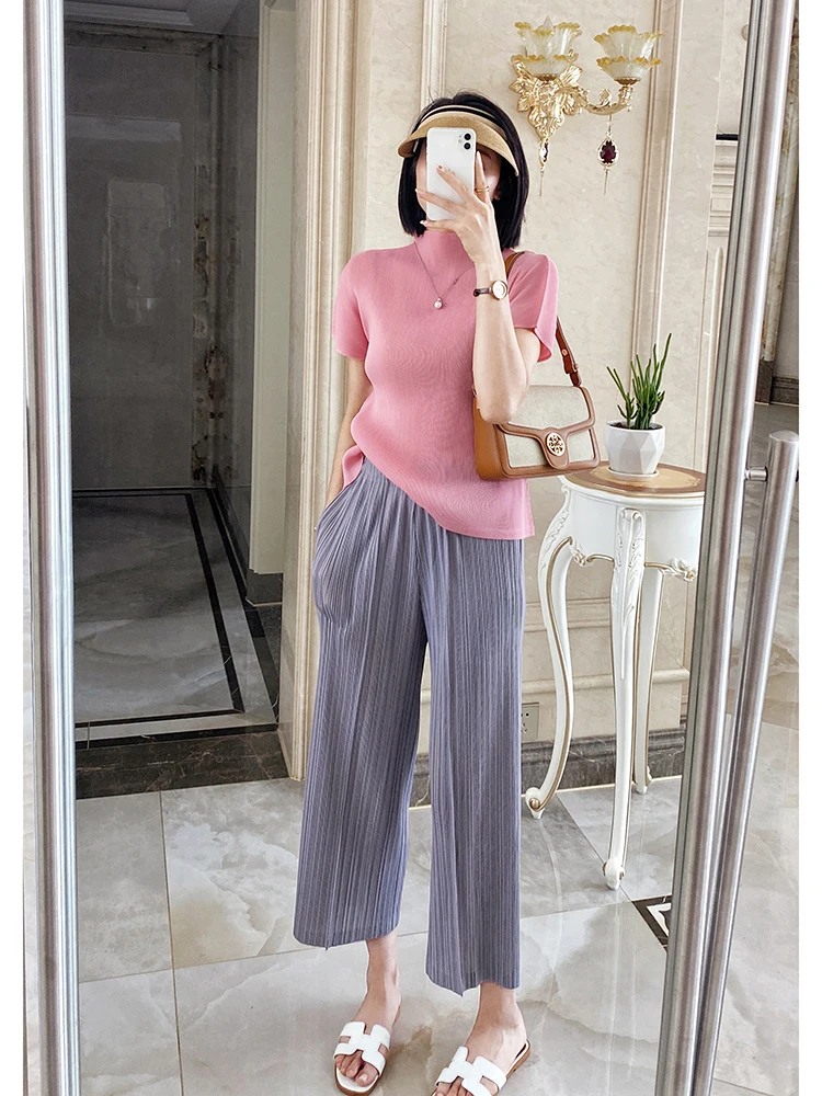 Spring Summer Autumn Women Casual Elegant Ladies Miyake Designer Loose Straight Pleated Pants High Waist Trousers In Stock