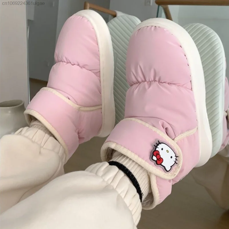 Sanrio Hello Kitty Plush Winter Fashion Outdoor Cotton Shoes Women Warm Waterproof Velcro Cute Shoes Soft Pink Snow Boots Girl