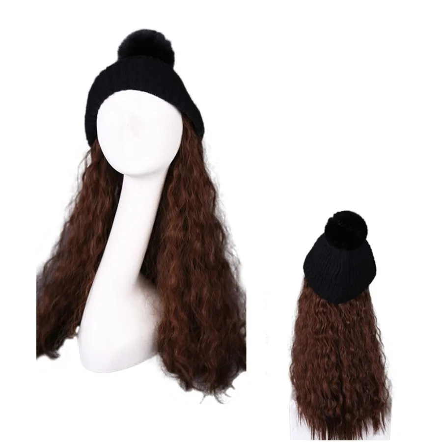 

Womens Black Winter Knit Hat with Light Brown Synthetic Long Curly Corn Wave Hair Attached Wig Cap