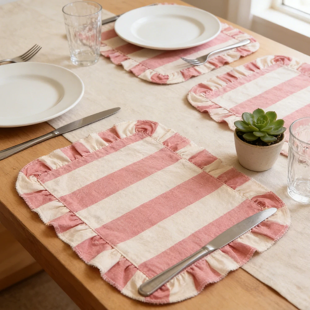 BUYNOW 1pc 2pcs/set 4pcs/set Rice Noodle Stripe Ruffled Placemat Kitchen Dining 12x16inch Table Placemat Coaster RestaurantDecor