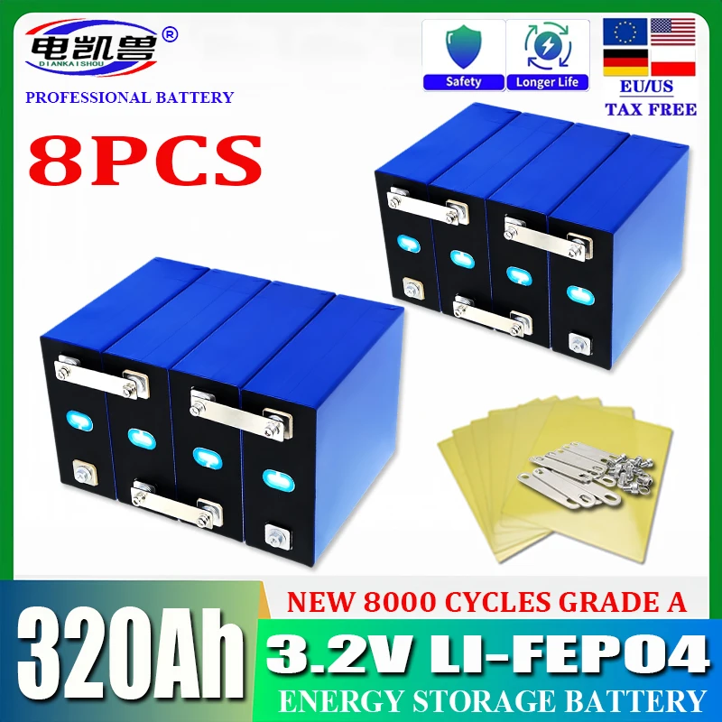 

New Grade A 8000 Cycles 320Ah LiFePO4 Battery 3.2V Rechargeable Lithium Iron Phosphate Cell DIY 12V 24V 48V RV EV Vans Golf Cart