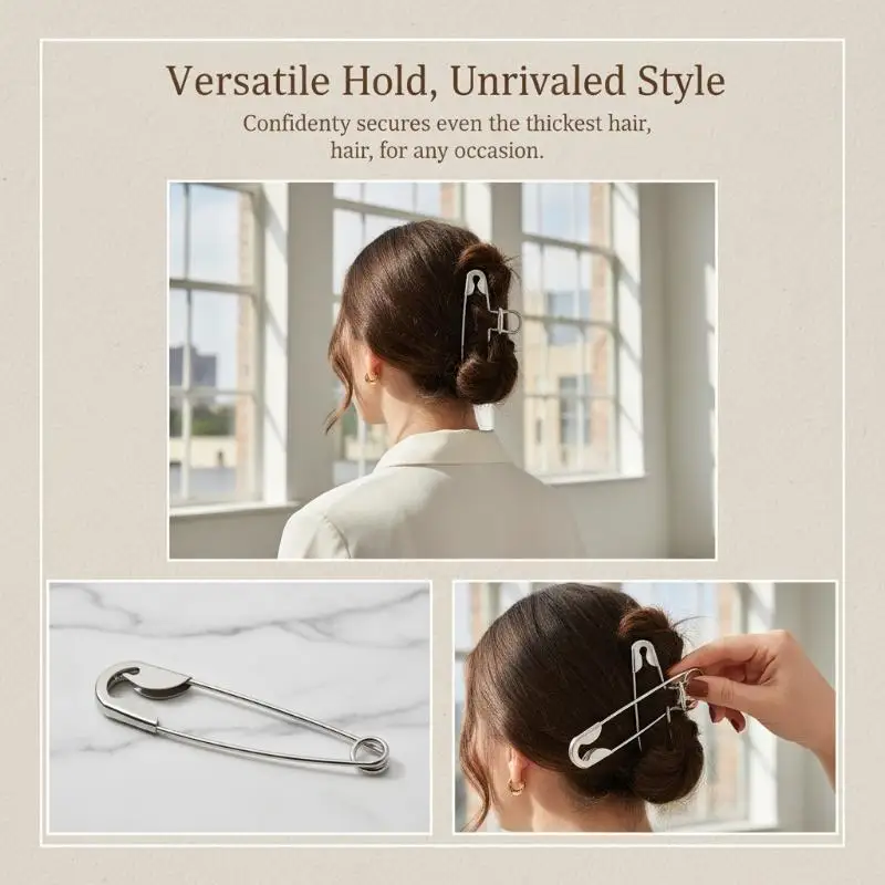 Large Safety Pin Metal Hair Clip Creative Hair Claw Barrette for Women Thick Hair Secure Hold for Work and Events