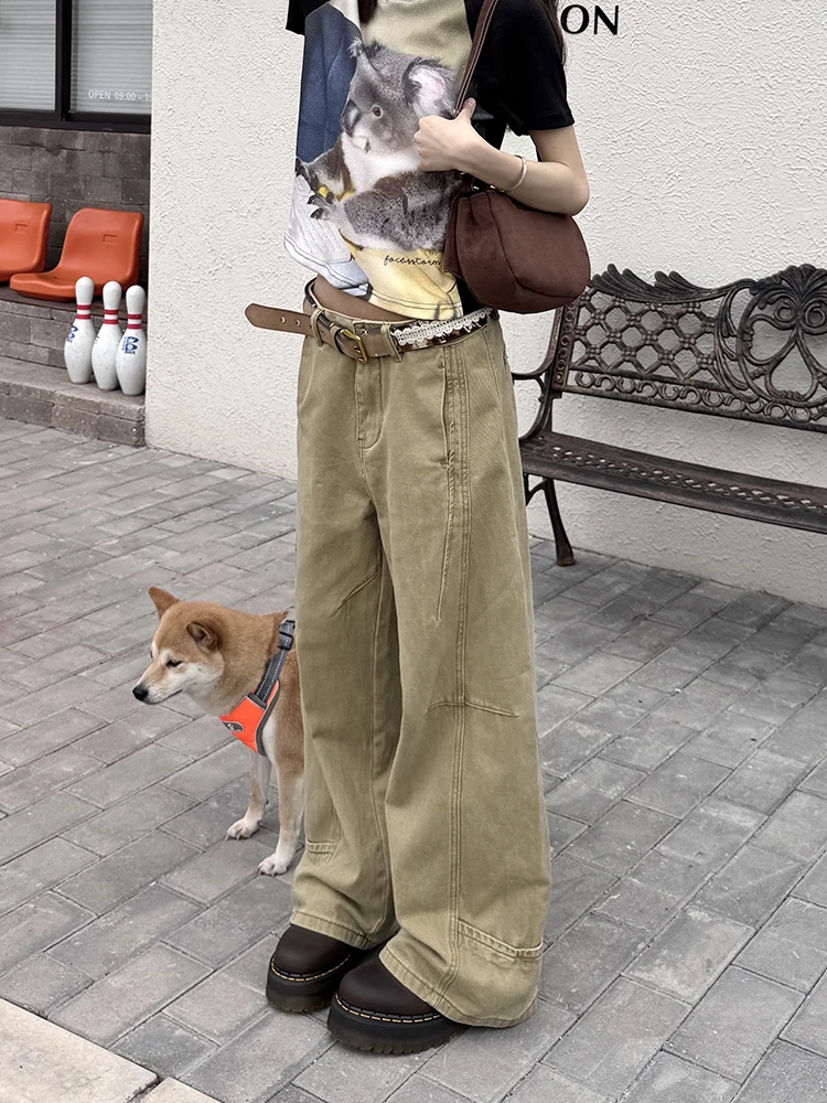 

Retro American High Street Khaki Denim Jeans Loose Straight Wide Leg Casual Long Trousers for Men And Women Trendy