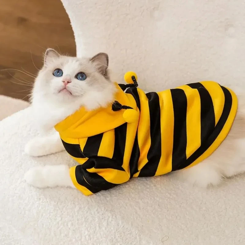 Cute Bee Pet Clothes for Cats Dogs Soft Fleece Warm Kitten Puppy Hoodie Winter Autumn Striped Pet Vest Apparel