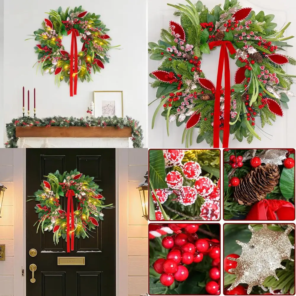 

24-Inch Pre-Lit Outdoor Christmas Wreath with Pine Needles, Cones, and Red Berries for Front Door Decor