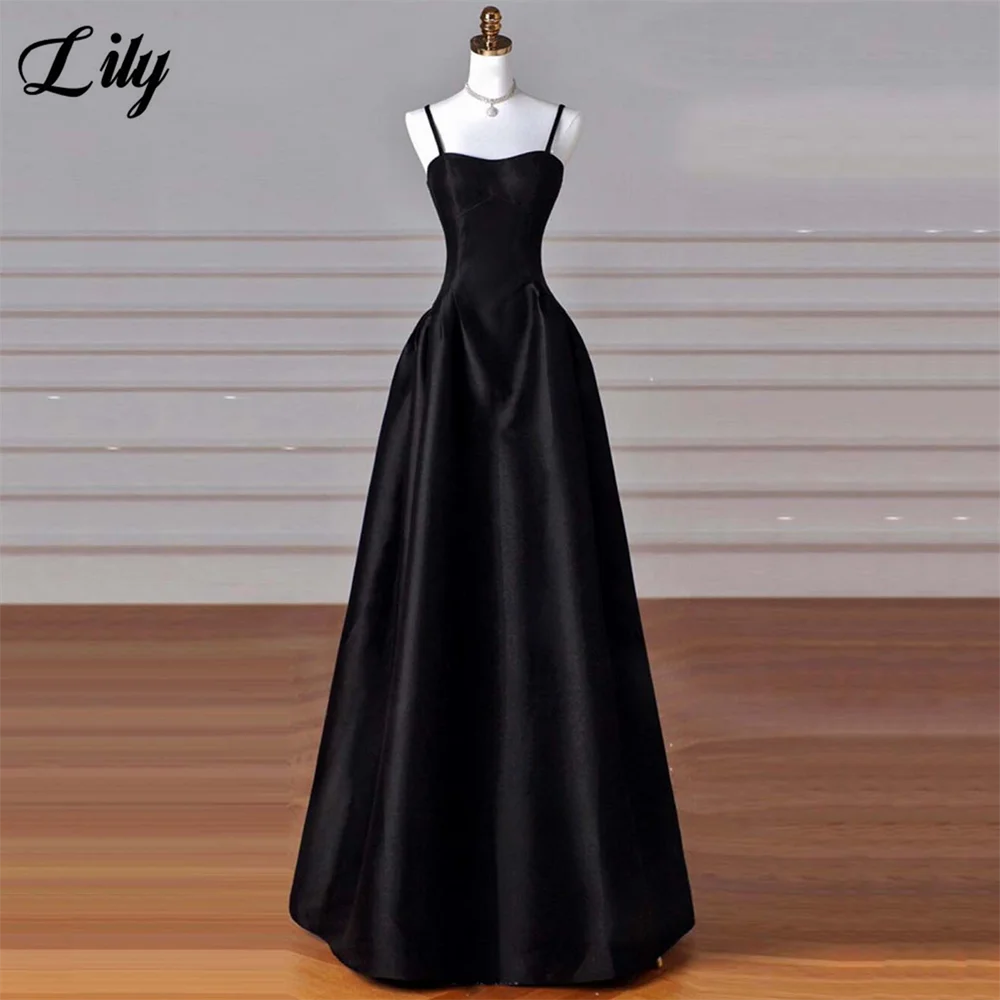

Lily Black Satin Evening Dresses Spaghetti Strap A-Line Minimalist Evening Gown Lace - Up Back Design فساتين السهرة