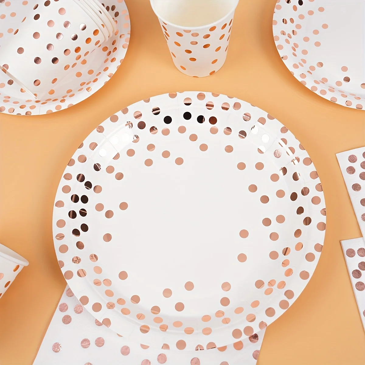 White Background with Rose Gold Polka Dots Disposable Tableware Set Paper Plates Napkins for Party Supplies Kitchen Tableware
