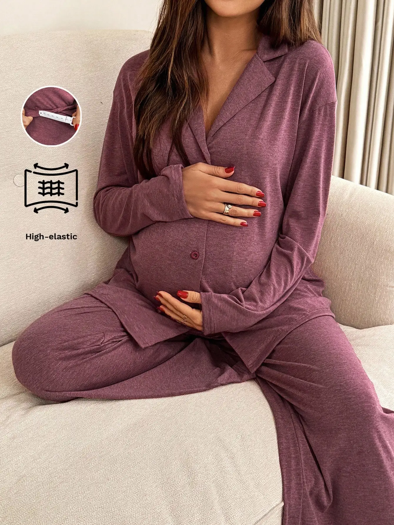 

2-Piece Maternity Lounge Set: Solid Color Lapel Top & Wide-Leg Pants with Button Front