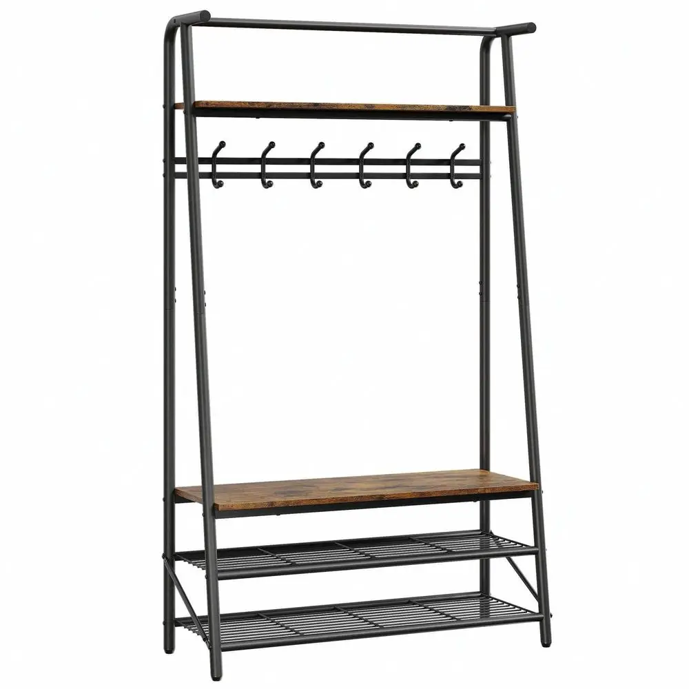 

Rack Shoe Bench With Hooks, 4In1 Hall Trees Entryway Bench With Storage, Multifunctional Hallway Organizer, Wood Look Accent Fu