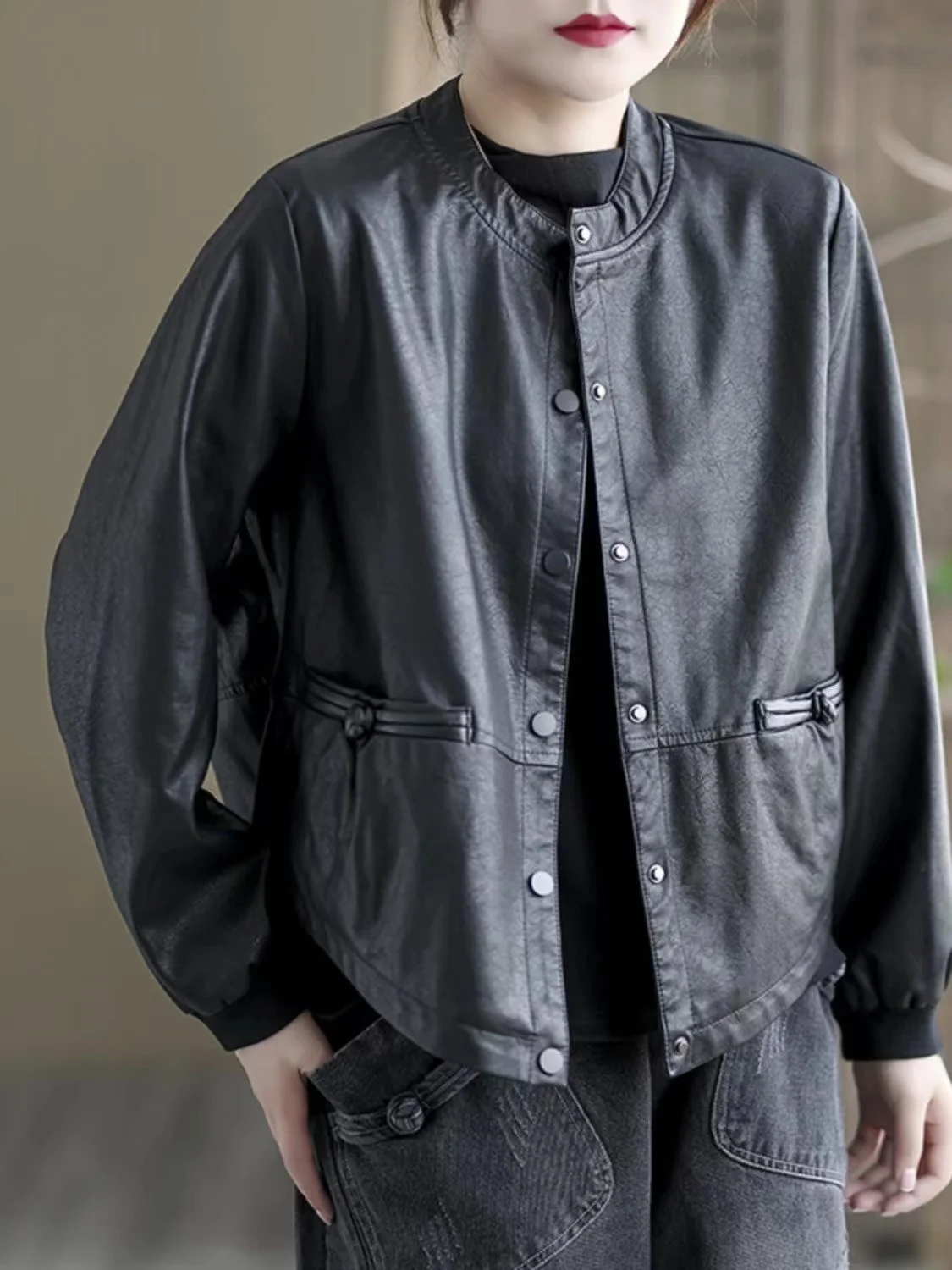 Chaqueta de cuero de talla ande para mujer, estilo nuevo de otoño/invierno, uesa, de manga larga, para uso diario.