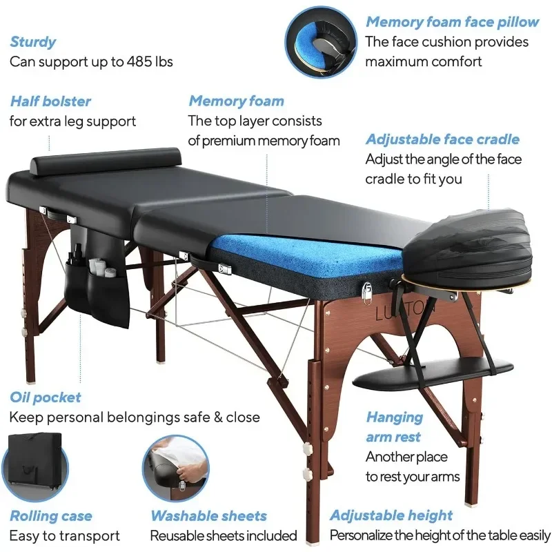 Premium Memory Foam Massage Table - Rolling Travel Case, Washable Sheets, Thicker  Wider