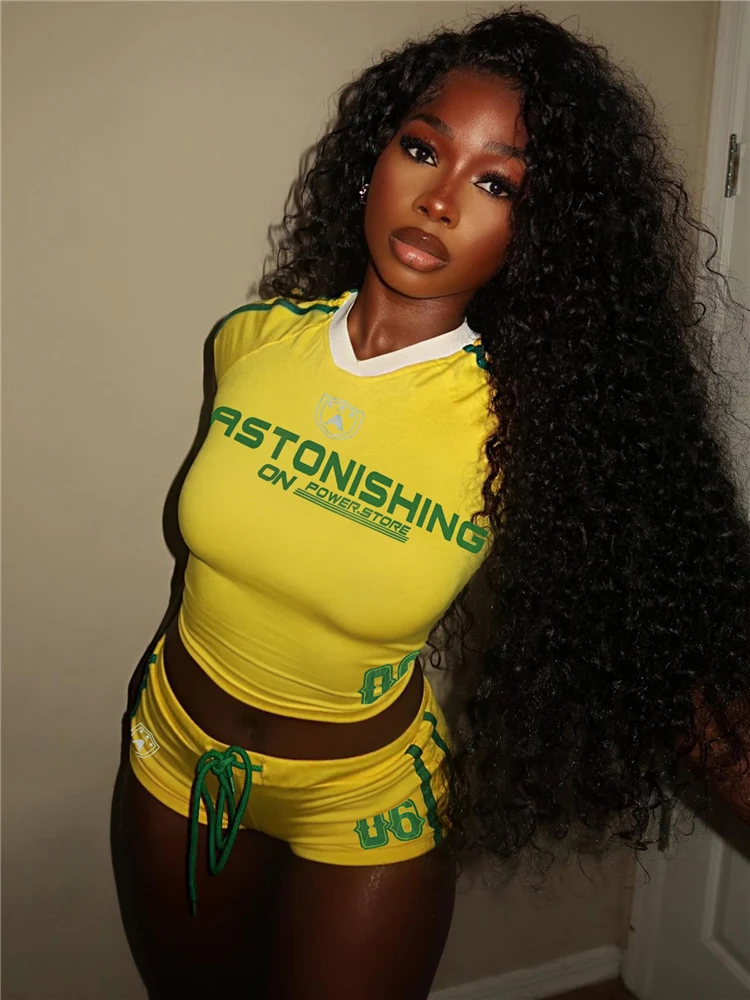 

Kliou Letter Print 2 Piece Set Woman Summer Trend V-Neck Tank Tops+Drawstring Waist Shorts Daily Casual Sporty Style Basic Suits
