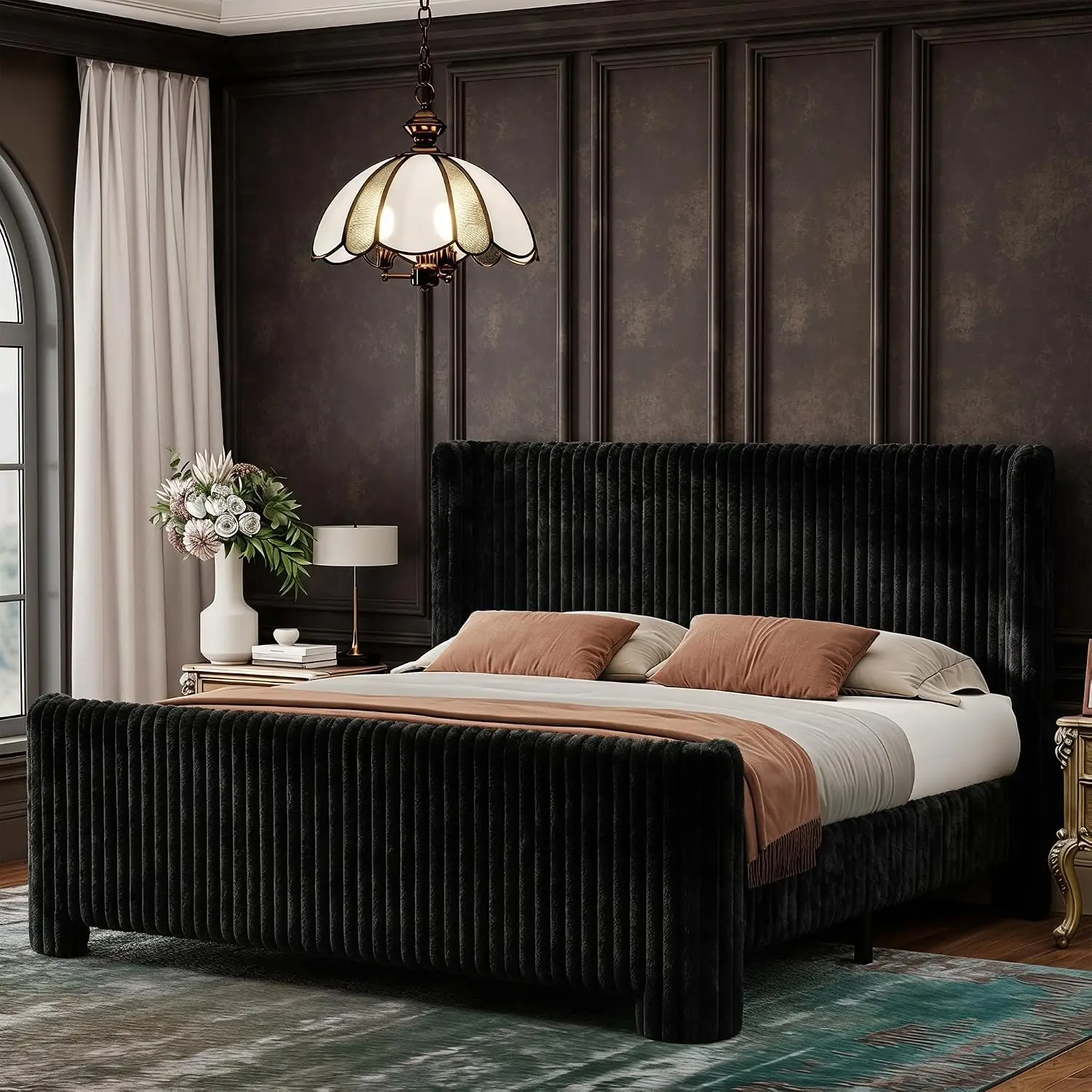 King Bed Frame With Faux Fur Upholstered Curved Wingback Headboard & Footboard, Platform Bed With Removable, Customized