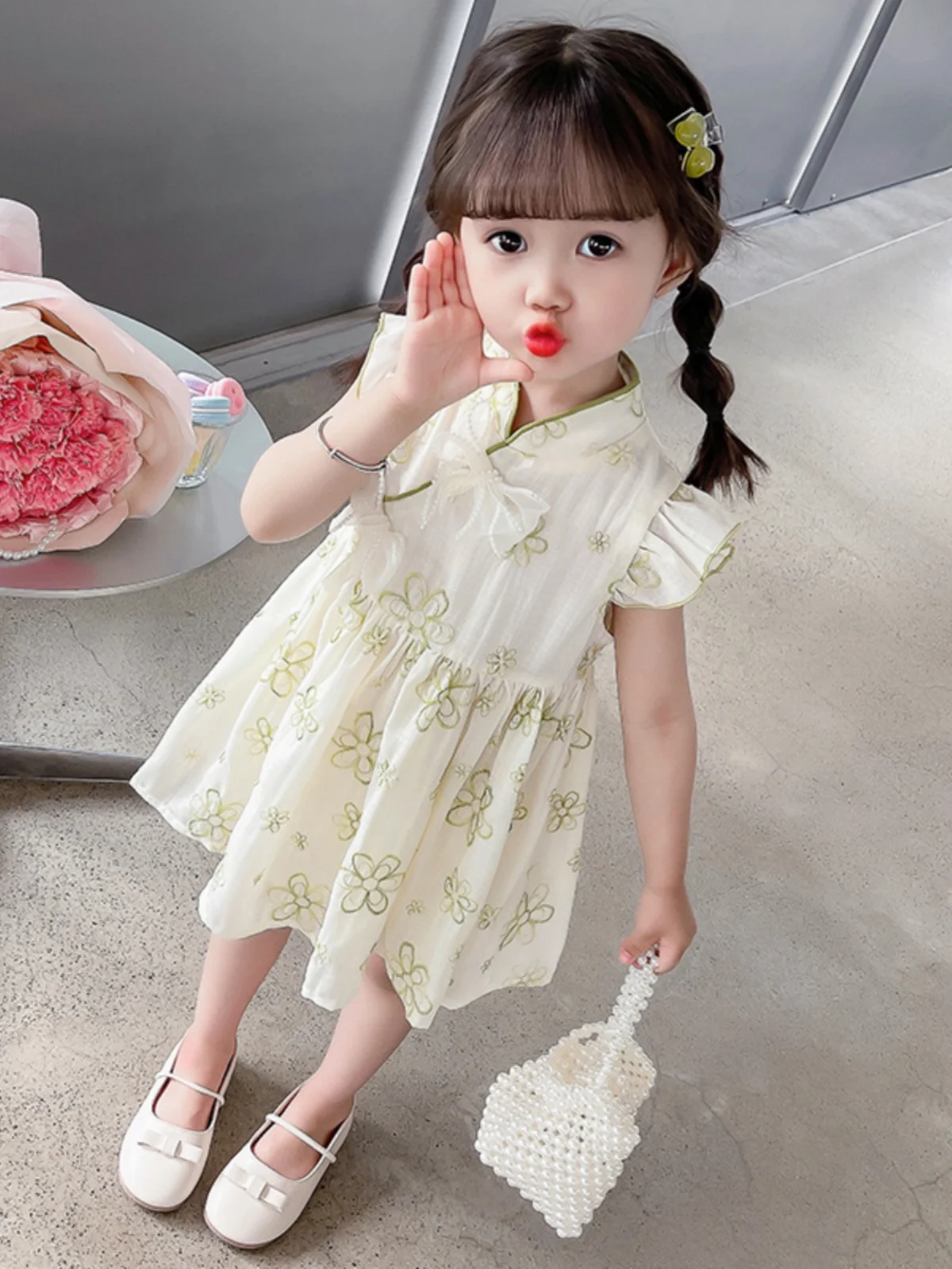 Princ Sle Floral Print Summer Dr for Baby Girls Korean Sle Svel  with Flng Sves Baby Clothes