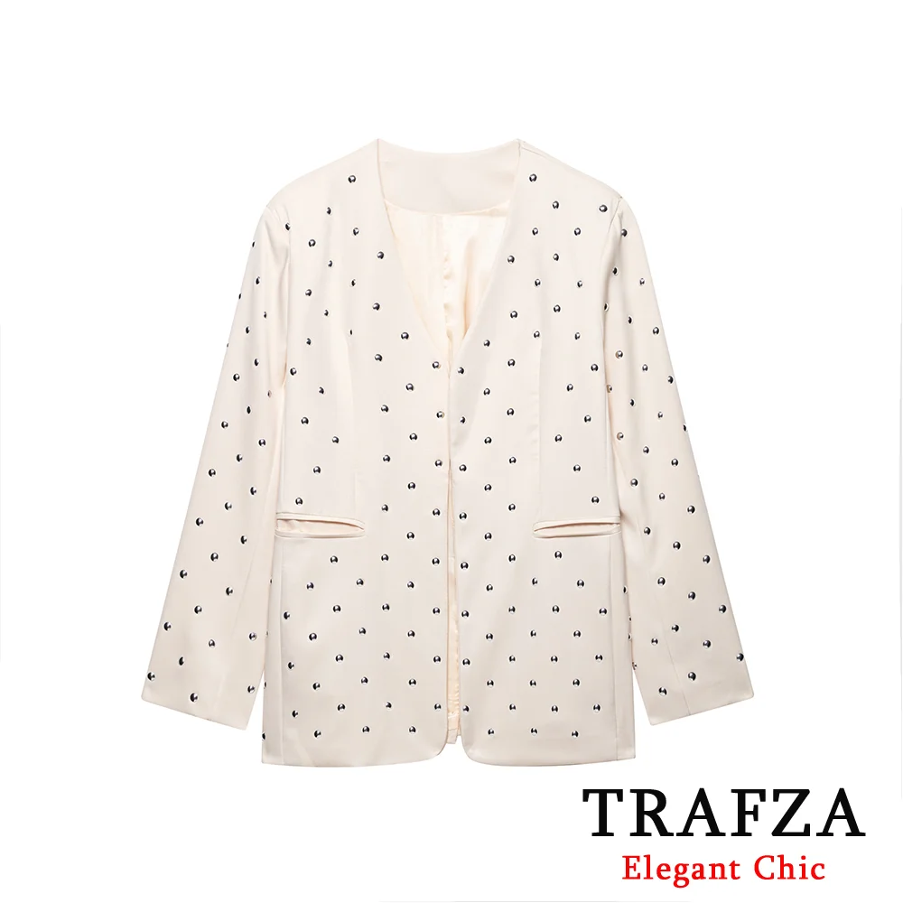 

TRAFZA Women Boho Y2K Blazer V-Neck Rivet Pockets Open Blazer New Fashion 2025 Summer Party High Street Modern Girl Blazer