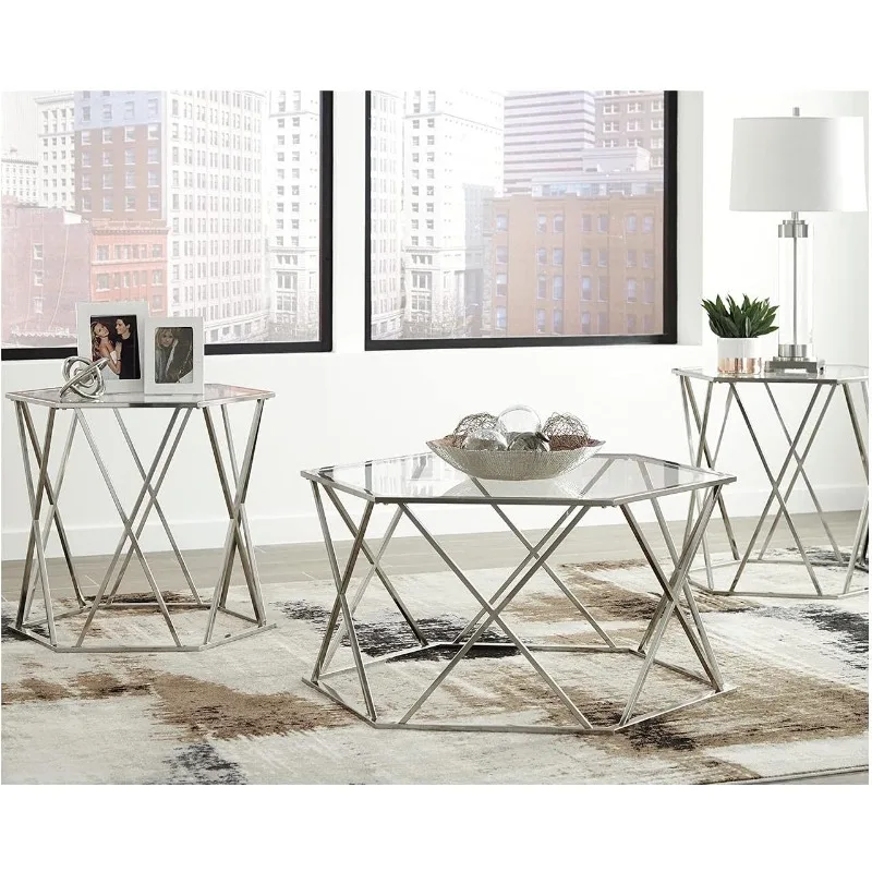 

Modern Chrome Set of casual tables, including coffee table and side table