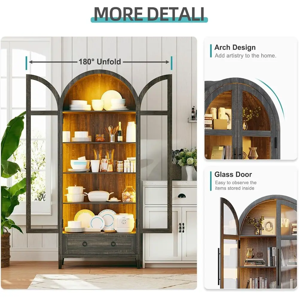 73 Arched Glass Display Cabinet with 4-Tier, Human Body Sensor, LED Lights for Collectibles, Adjustable Shelves, Brown view 5
