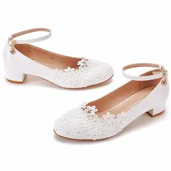 Woman Pumps Brand Design Lady Round Toe Lace Buckle Strap PU 3CM Square Heel Lady Wedding Fashion Women Shoes White