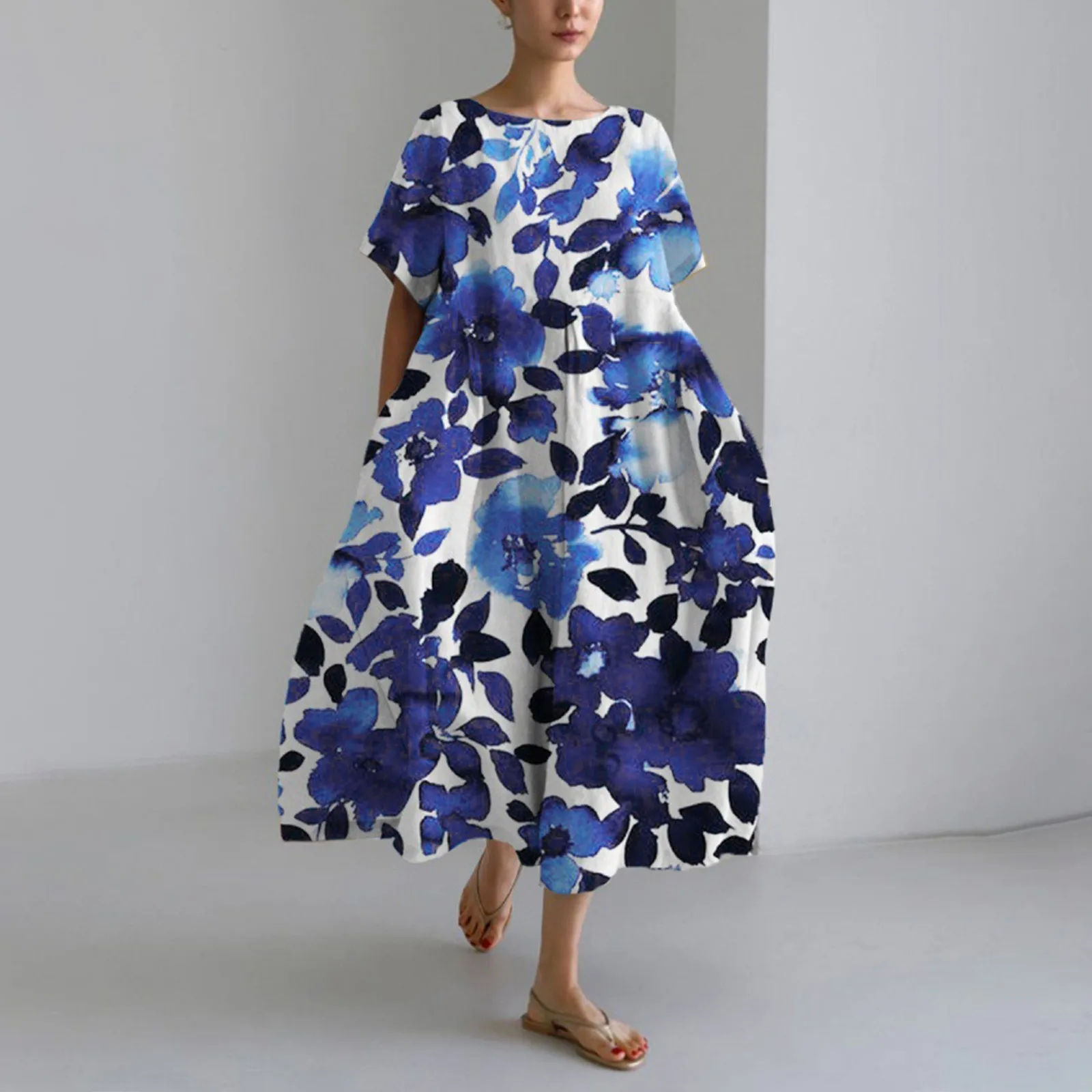 

Vantage Floral Printed Dress for Women Loose Fit Casual Vacation Midi Dresses Round Neck Short Sleeved Comfortable Dress