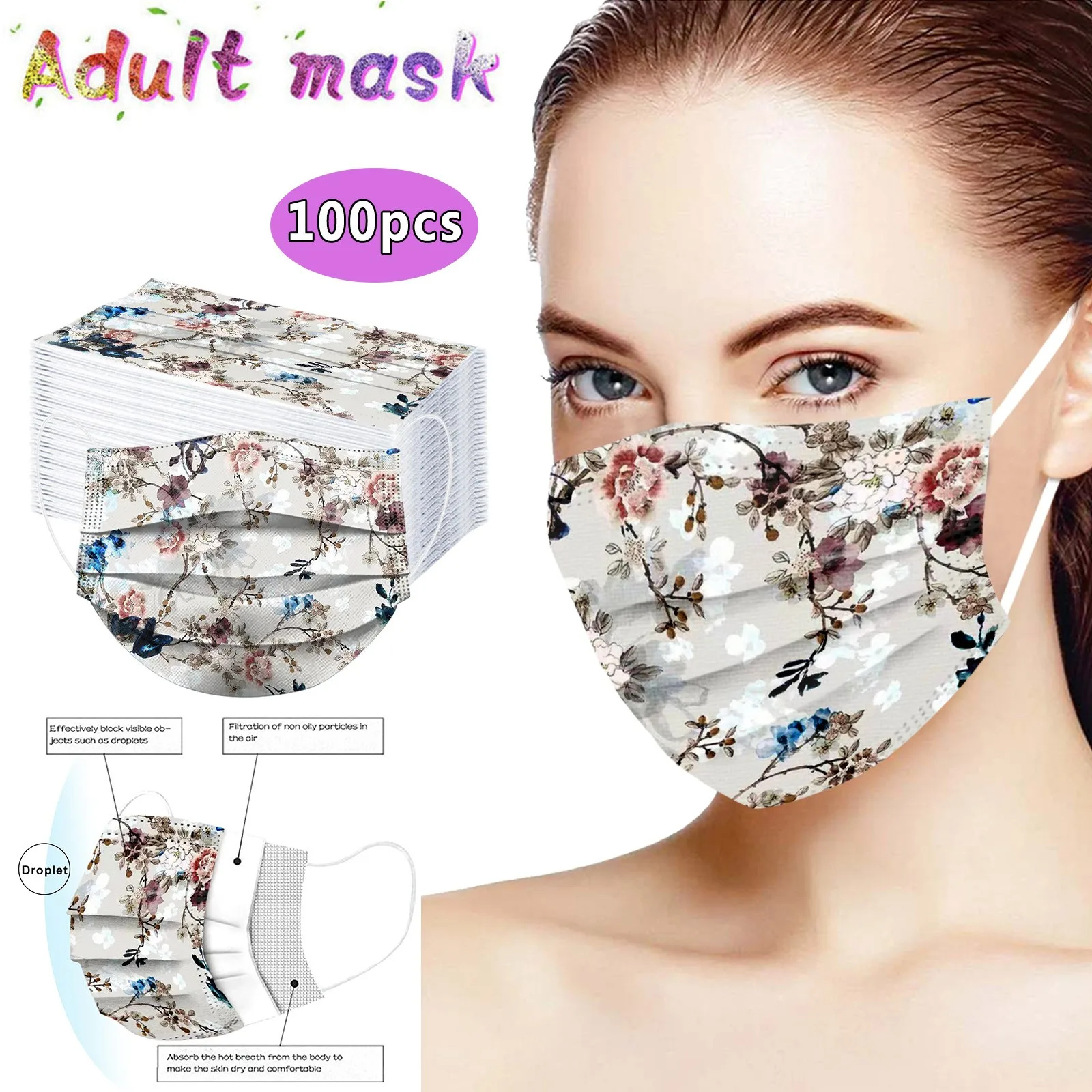 Printed Mask Adult 100pcs Butterfl Floral Disposable Face Cover Breathable Protection Mouth Guard Stylish Accessory 2026 T1