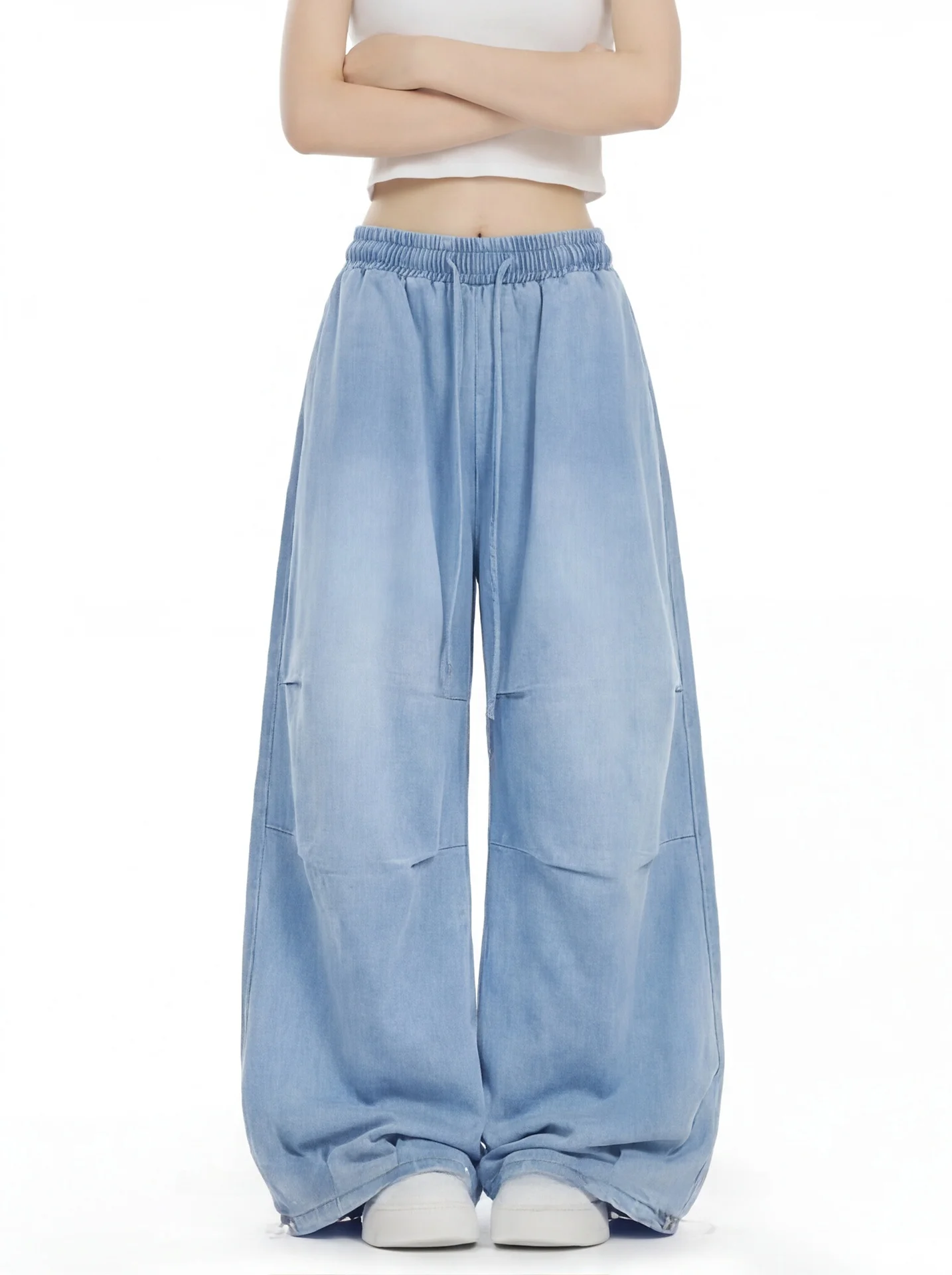 

Американские джинсы с эффектом потертости и широкими штанинами для женщин, весна-лето, на шнурке, свободные, длиной в пол, повседневные, с эффектом стройности