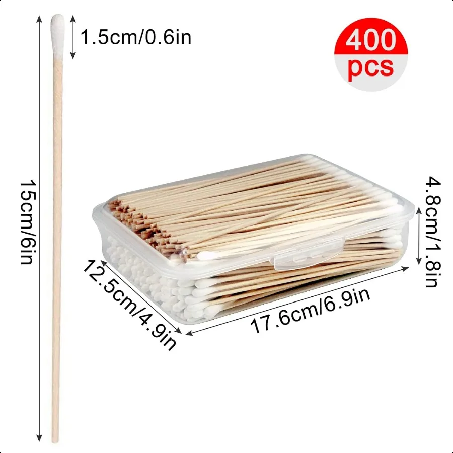 Tamponi di cotone lunghi da 400 pezzi da 6 pollici con bastoncini di legno, ideali per applicatori di pistole per trucco a olio, occhi, orecchie, ombretto, pennello e struccante