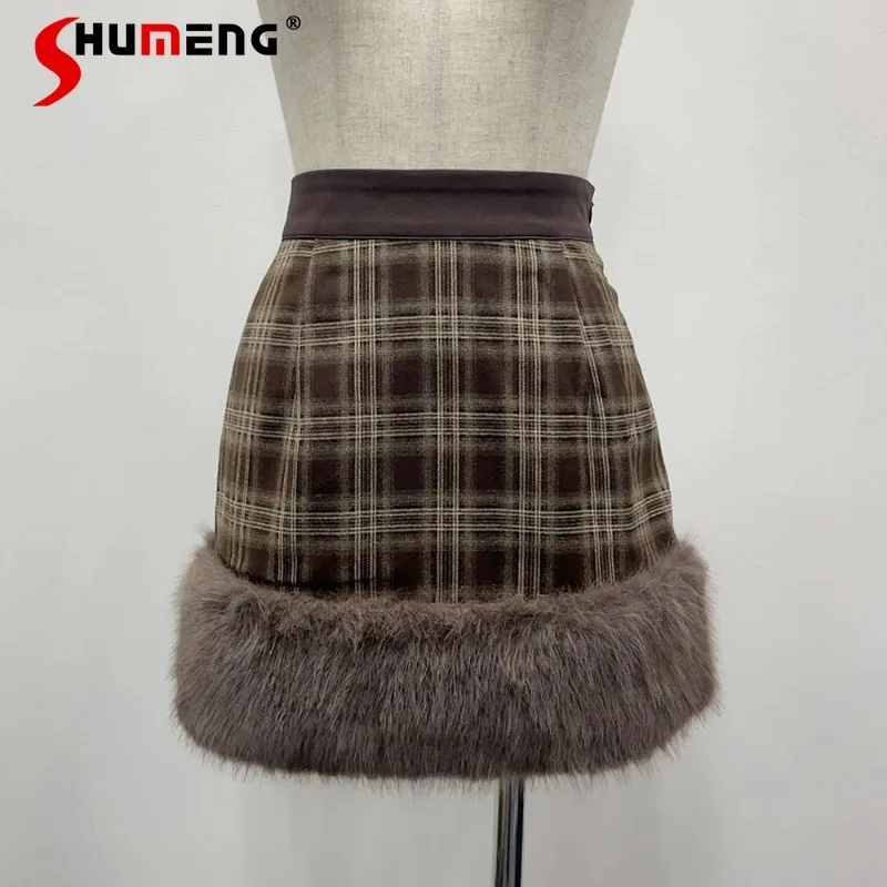 

Japanese Rojita Style Autumn Winter New Skirt Plush Plaid Retro Thin A-line Short Kawaii Warm Bottoming Skirts Y2k Clothes Women