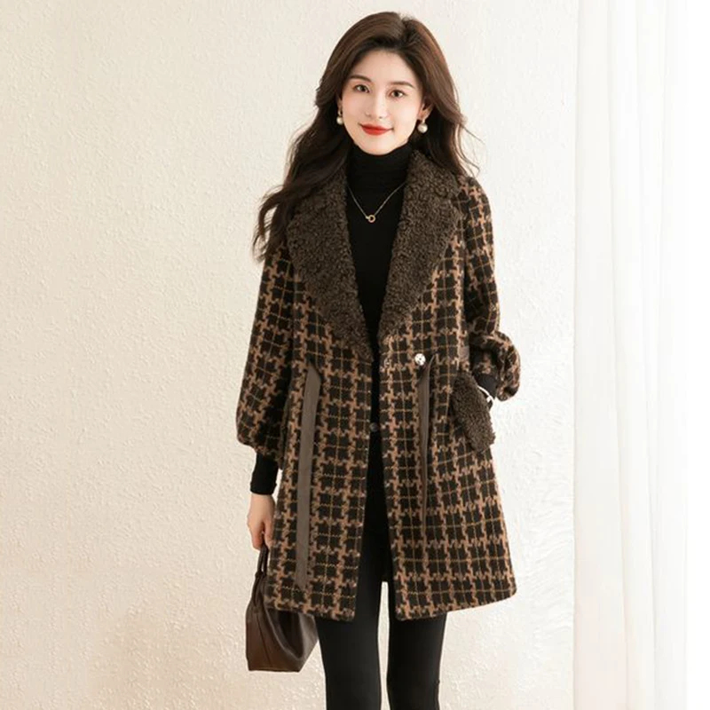 Frauen Wolle Mantel 2024New Herbst Winter gitter Woolen Jacke Frauen Koreanische Mittleren Alters Weibliche Mid Langen Mantel Windjacke Weibliche