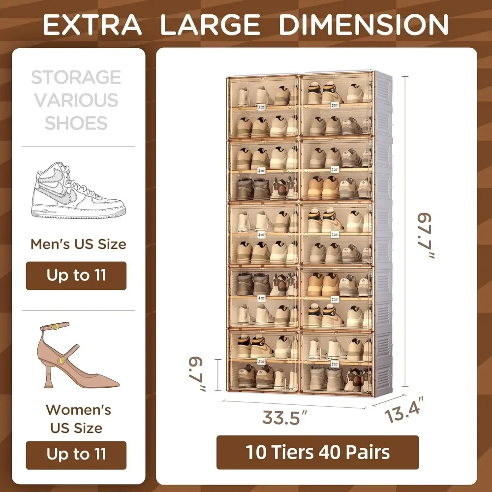 Portable Shoe Rack with Magnetic Clear Door Large Plastic Storage Containers Bins with Lids 10 Tiers 40 Pairs Shoe Cabinet