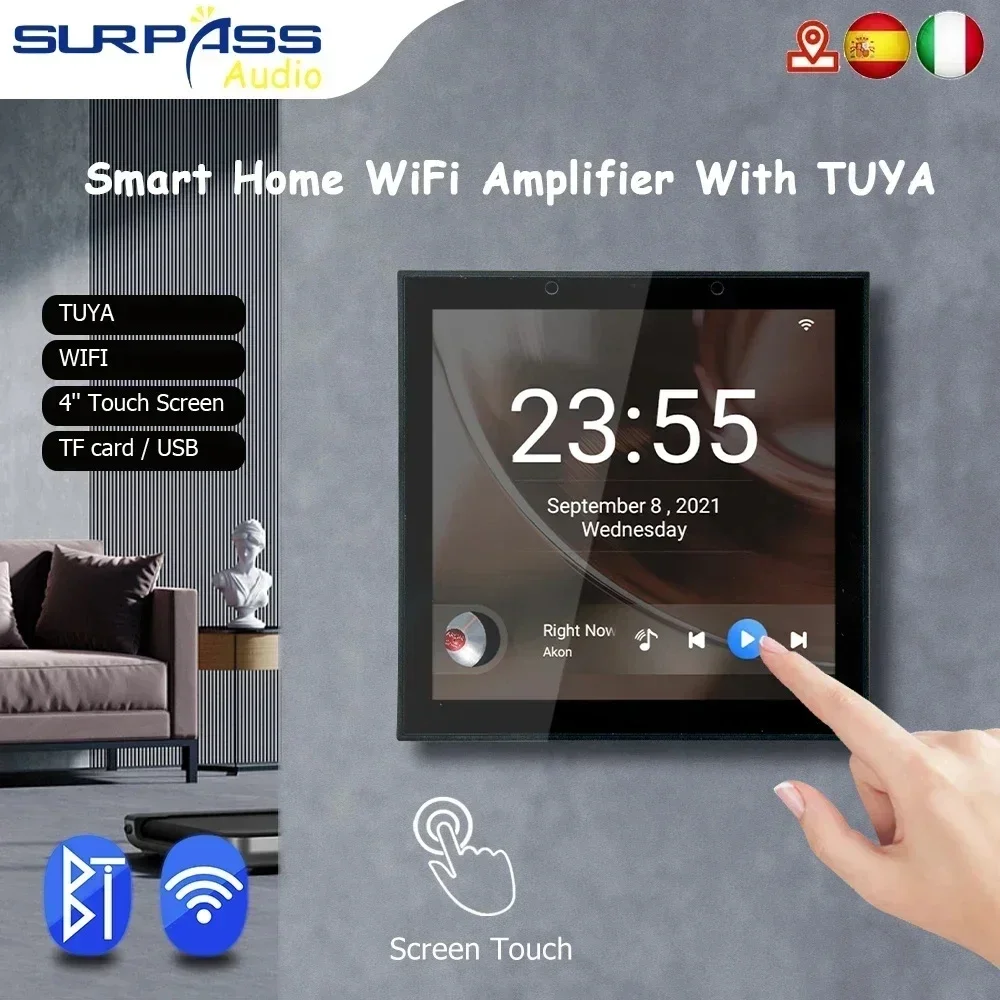 4inch Smart TUYA WiFi Wall Amplifier Audio Music Audio Android 8.1 System Bluetooth Amp Home Theater Stereo Support Tuya USB TF