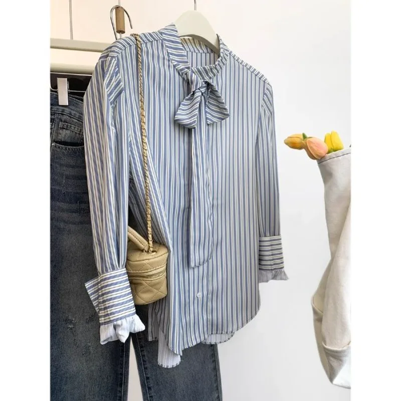 

Femme Spring Summer Korean Fashion Button Printing Collar Women's Shirt Simplicity Fashionable Striped Long Sleeve Cardigan