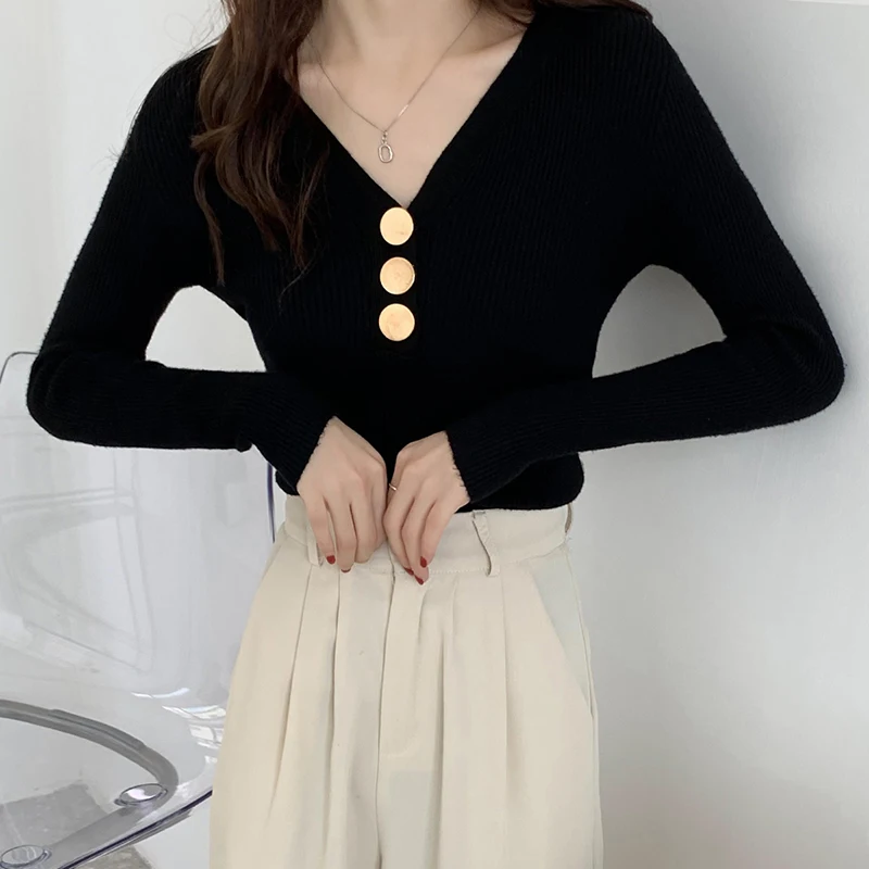 V-Neck Thin Base Sweater With Metal Buttons Slim Fit And Fashionable Ladies Style Knitted Top Commuting Sweater