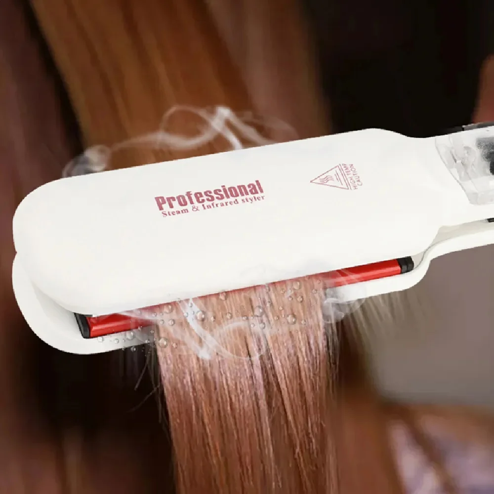 Professional Steam Hair Straightener Infrared Care Ceramic Coated 2Inch Wide Plates for Salon Straightening Styling Dual Voltage