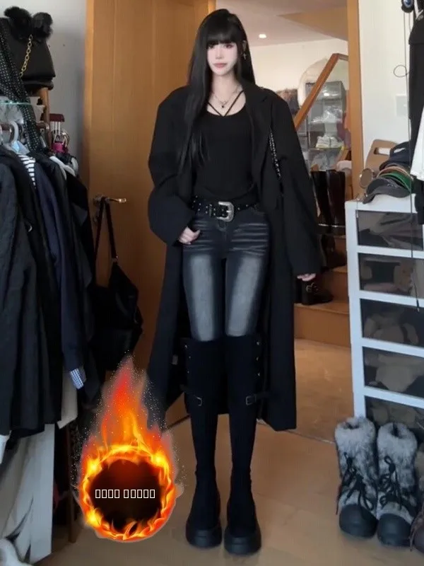 

Женские джинсы-брюки в стиле ретро, с высокой талией, утепленные, эластичные, облегающие, для зимы, из денима