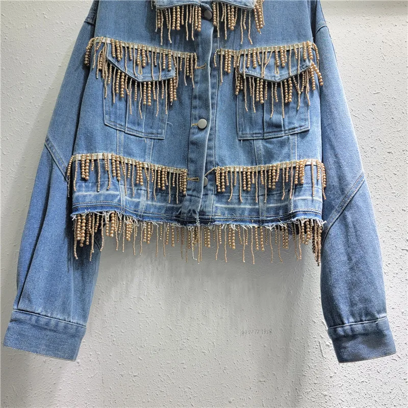 Trabalho pesado pérola frisado borla azul curto denim jaqueta feminina primavera casual coreano turndown colarinho manga longa jeans jaqueta casaco