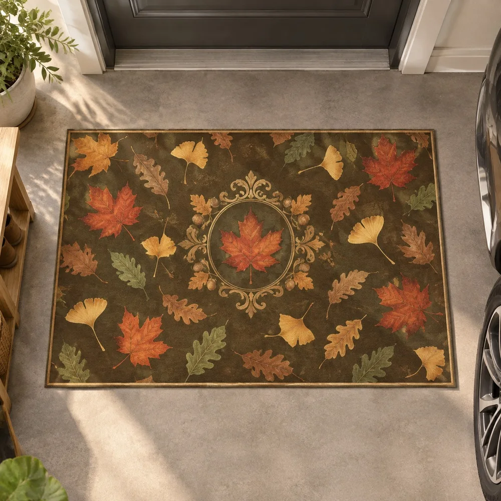 VIKAMA Floor Carpet Olive Brown Maple Ginkgo Oak Leaf Scatter Quick Dry Reading Nook Walk In Closet Bathroom Hallway Home Decor