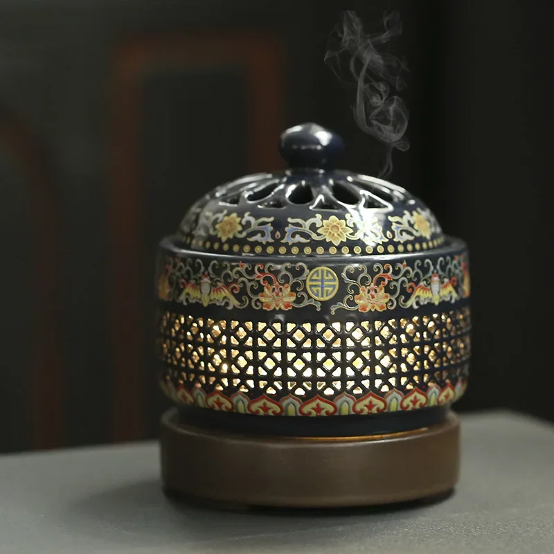 Enamel electric incense burner Ceramic bedroom nighlight cloisonne Essential Oil timed 0-300° sandal 220V incense stove EU plug