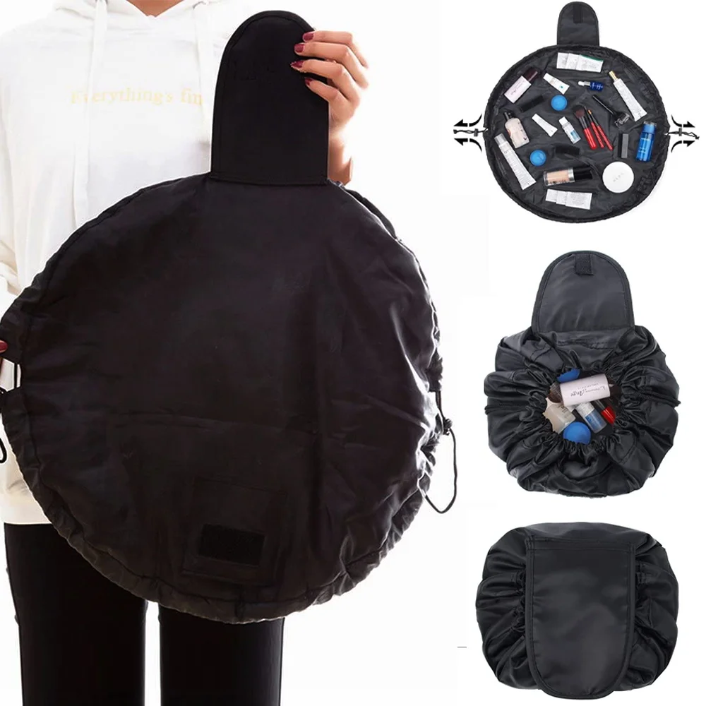 Cosmetic Bag Portable Lazy Storage Drawstring Waterproof Organizer Female Makeup Pouch Large Capacity Travel Black Toiletry Bag