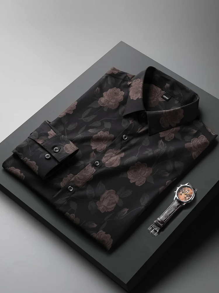 

Printed Long Sve Men's irt Casual Sle Floral Pattern Slim Fit Korean Trend Youthful Polyester Blend Button up