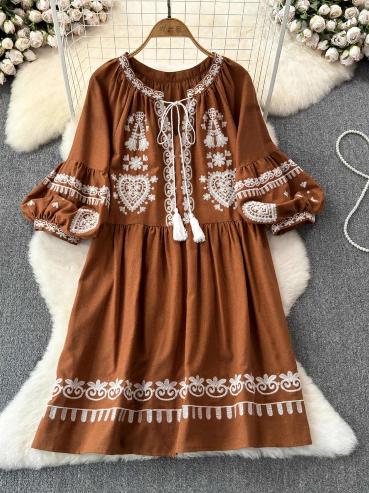 여성 루즈핏 오버사이즈 드레스 코튼 린넨 에스닉 스타일 V넥 자수 프린지 휴가 비치 보헤미안