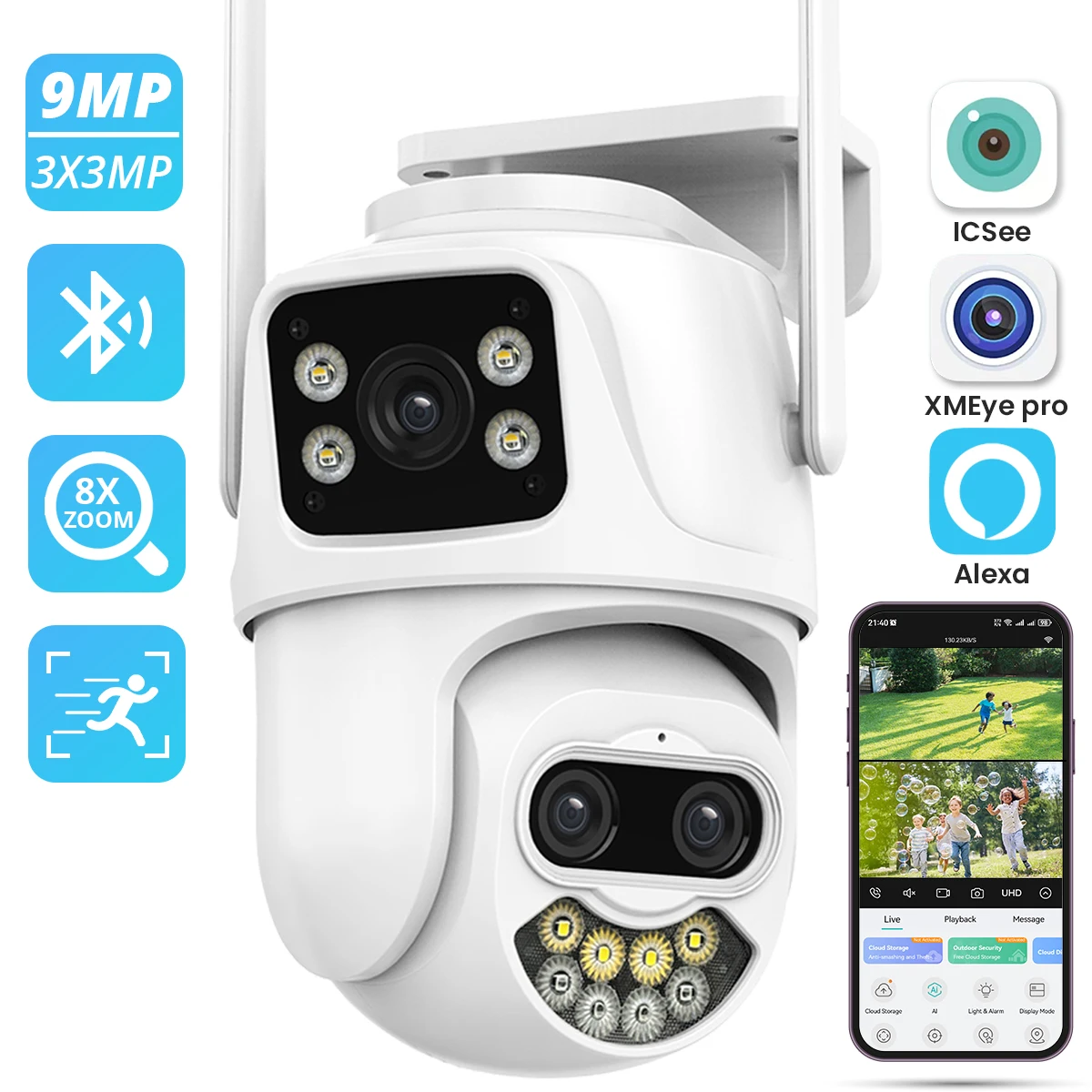 WIFI IP Camera 9MP PTZ Outdoor 4K Three Lens PTZ Camera AI Human Detection IP66 CCTV Video Surveillance Security Camera ICsee