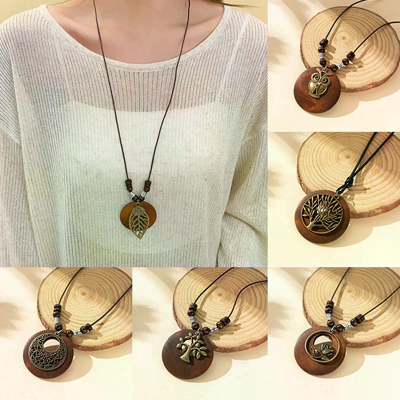 Retro Wooden Leaf Owl Long Sweater Chain Ethnic Round Necklace Women Clock Pendant Female Jewelry Neck Accessories Gifts Collar