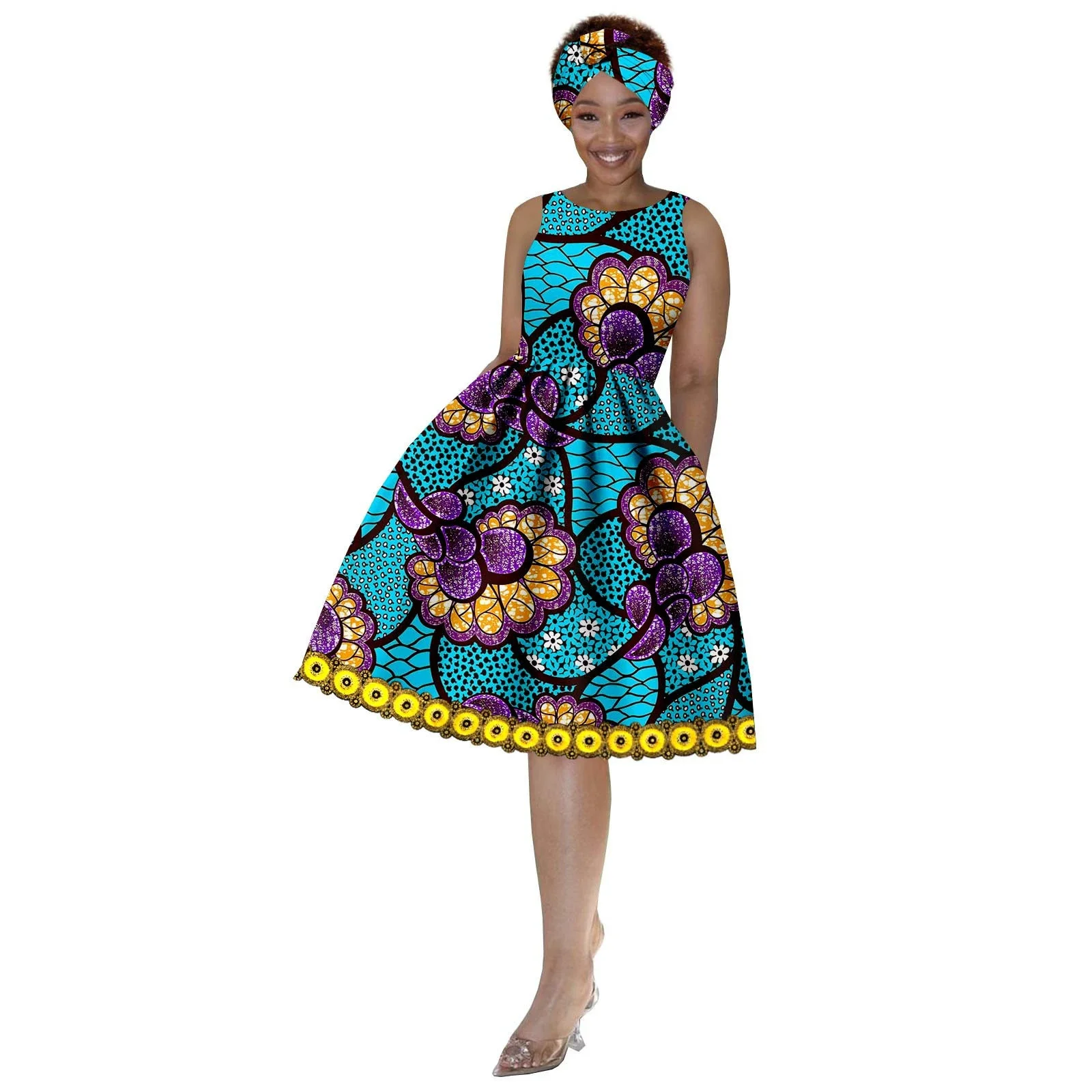 فستان جنسي نسائي أفريقي على الموضة جديد لعام 2025 فستان أنقرة مطبوع بدون أكمام ورقبة دائرية مع حجاب لحفلات أعياد الميلاد وحفلات الزفاف