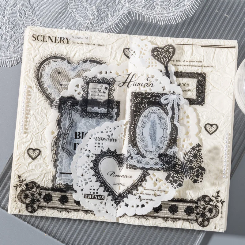 1pack/2pack Black & White Lace PET Sticker Pack Lace Academy Series 100 Sheets DIY Journal Decoration Materials
