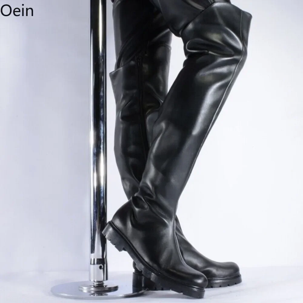 Men\'s Leather Over Knee Riding Boots Zipper Side Round Toe Nightclub Dance Shoes