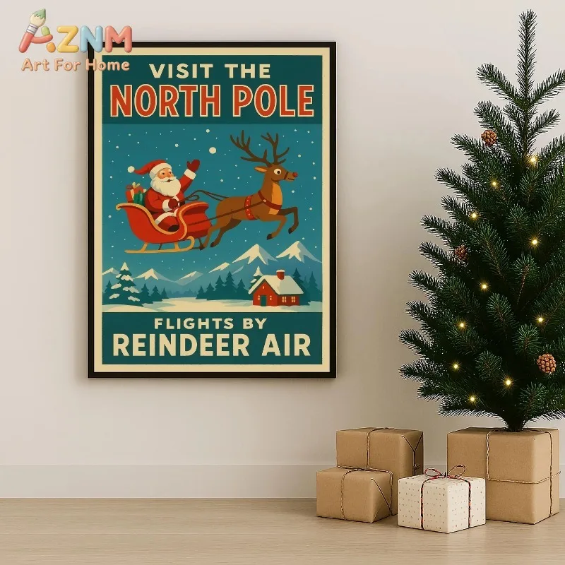Retro Santa Sleigh Reindeer Canvas Wall Art Vintage Christmas Travel Poster Festive Winter Wall Print Unframed Canvas Poster