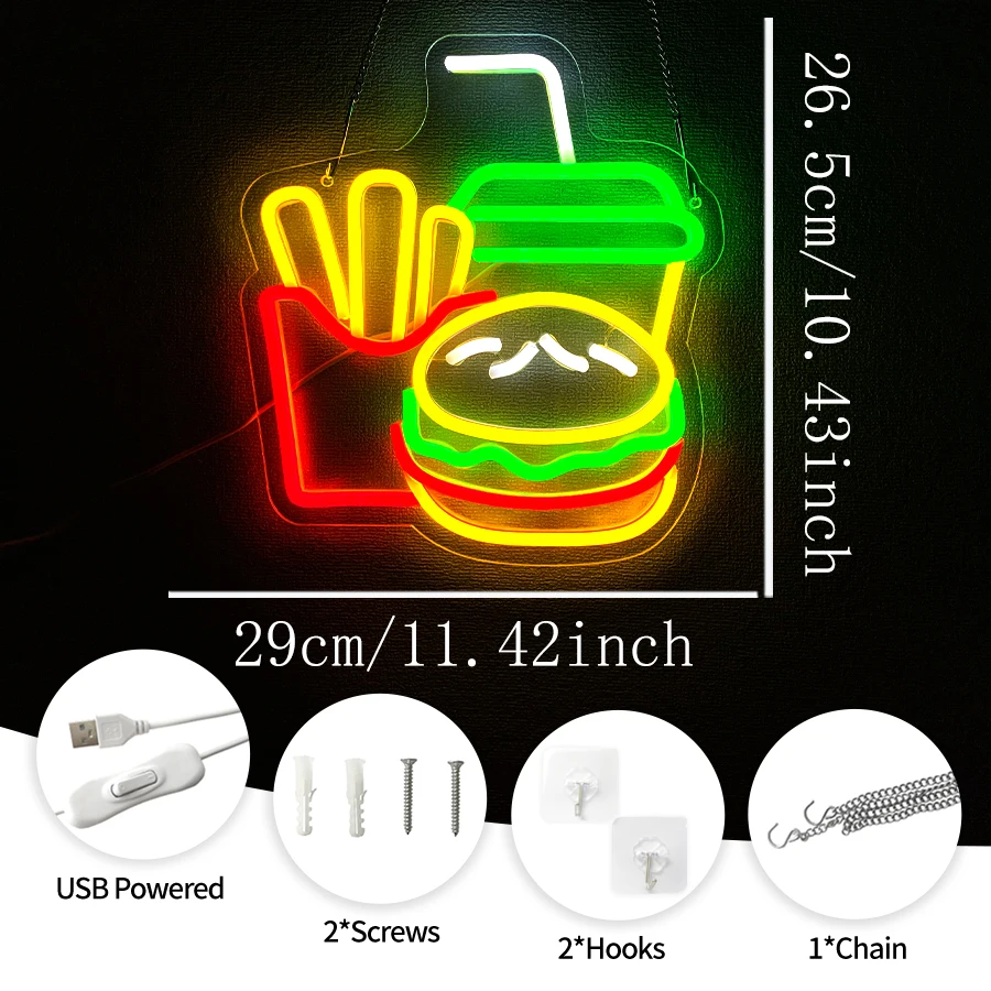 Burger Fries Coke LED Neon Sign USB Powered for Wall Decor, Light Up Sign for Diner, Snack Bar and Burger Shop Window Decor